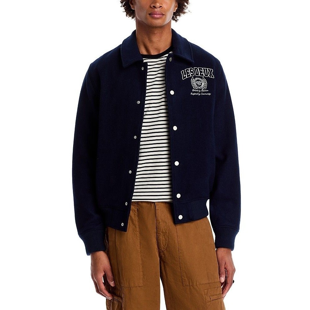 $439 NEW LES DEUX Men's Medium Navy Wool Snap Closure University Varsity Jacket